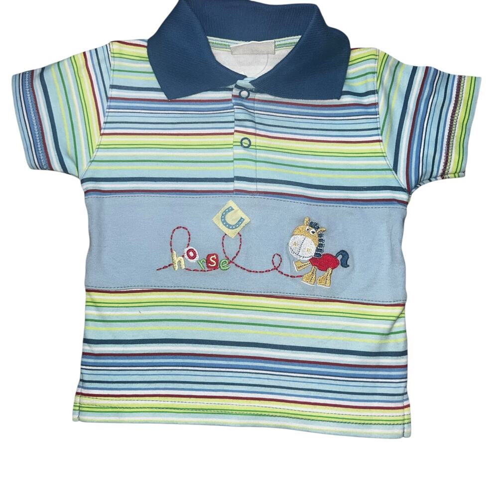 Vintage 90s baby boy Horsey embroidered blue and green striped polo shirt 6/12 M